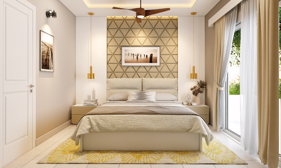Master bedroom in 2bhk home designed with LED-lit accent wall elevates the look of the bedroom
