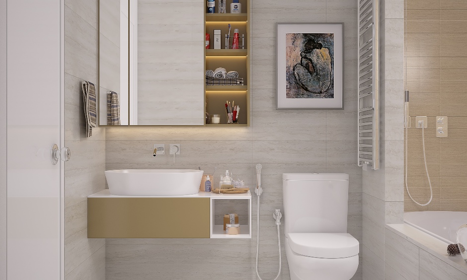 3bhk house design bathroom in minimalist with wooden vanity