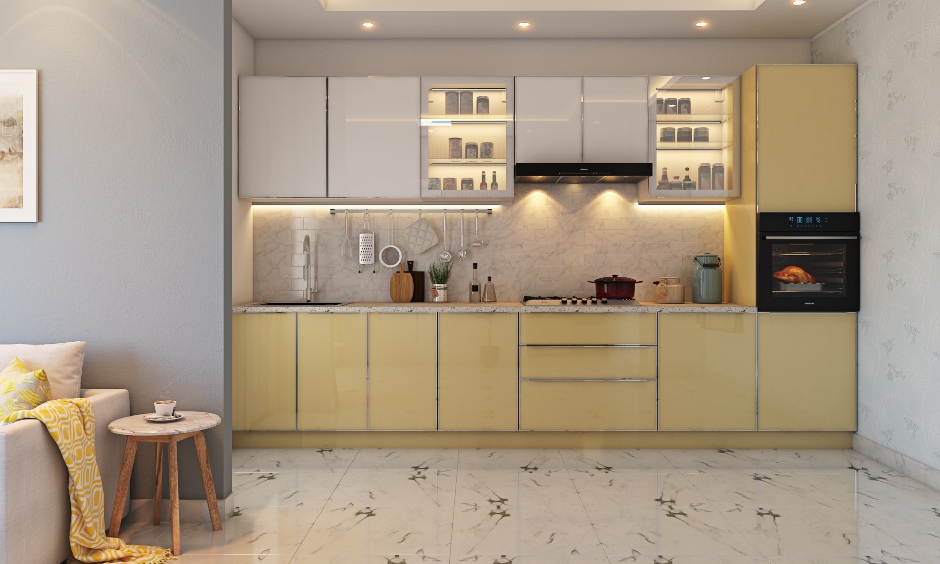 Modern 1bhk home straight kitchen design with a muted colours and clean lines