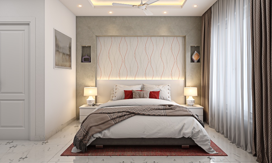 Modern 1bhk bedroom design with a false ceiling and queen size bed