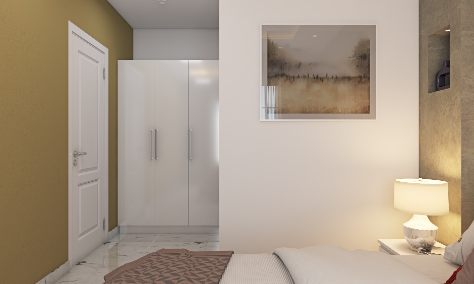 Modern 1bhk house wardrobe design with muted colours and clean lines
