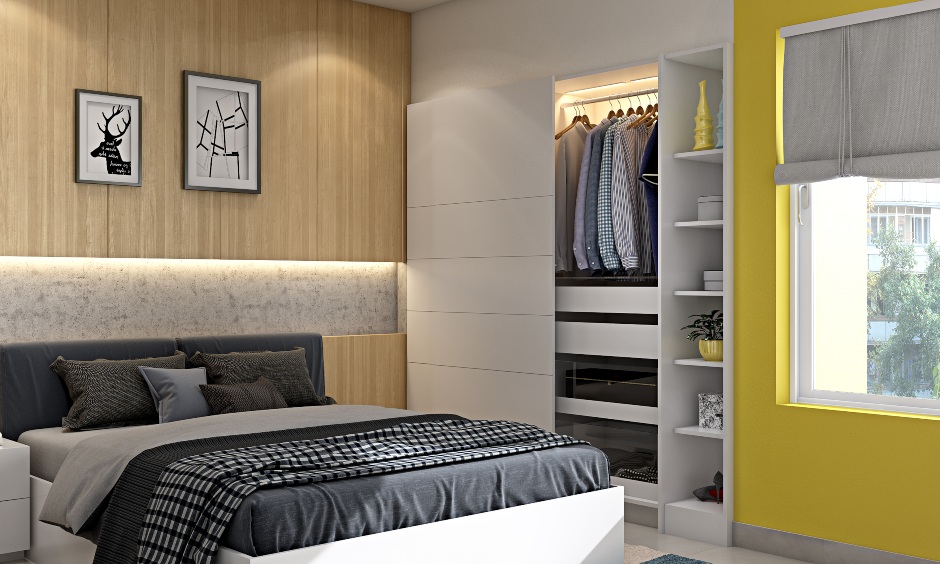 Modern 2bhk bedroom with wardrobe with sliding door and mirror with hidden storage unit