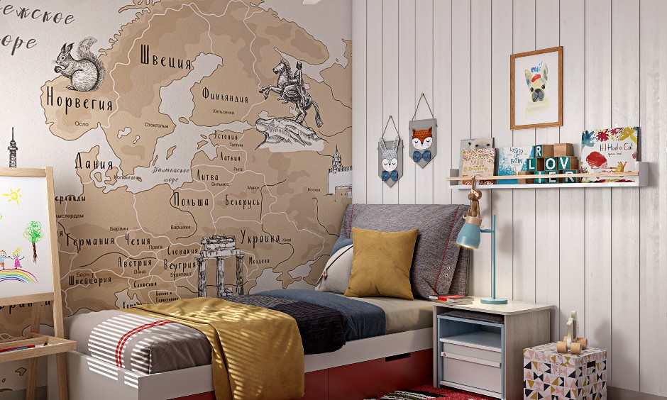 Modern 2bhk house kids bedroom with map wallpaper decorates on wall and white wall panelling