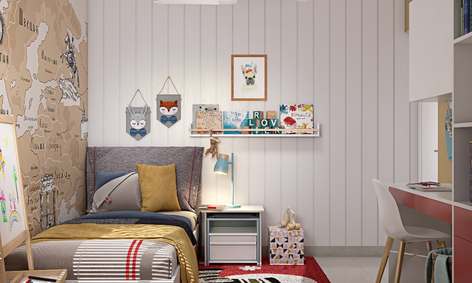 Modern 2bhk house kids room design with red and white colour scheme