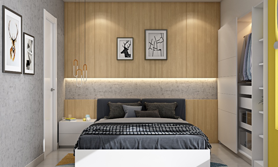 Modern 2bhk house master bedroom design with wood finished wall