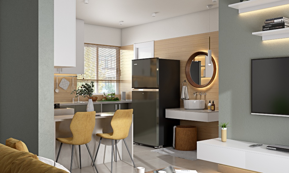Modern 2bhk kitchen design with breakfast countertop with two tall chairs