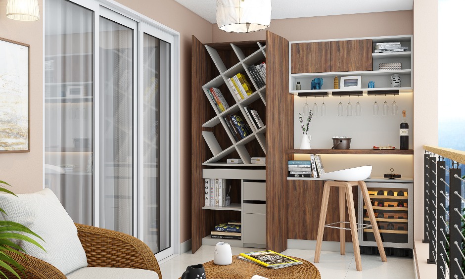 Modern balcony interior design with a wall to ceiling cabinet with diagonal bookshelves