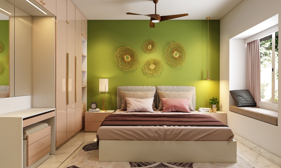 Modern bedroom design with green accent is adorned with gold metal wall art