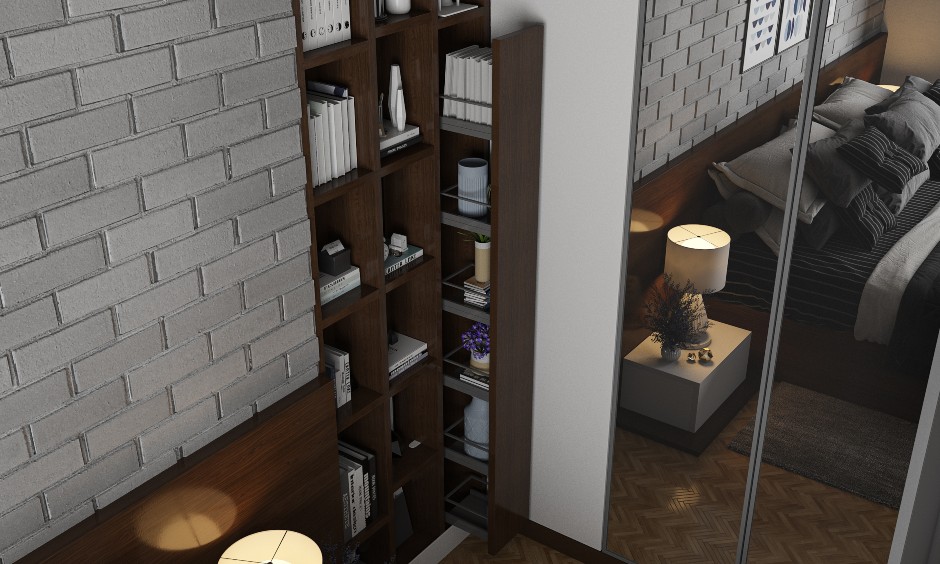 Bedroom Interior design with Open Shelves Hidden Space Saving storage solutions.