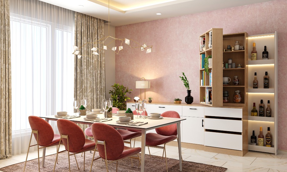 Space saving side cabinet for dining room with pink wallpaper highlights the space
