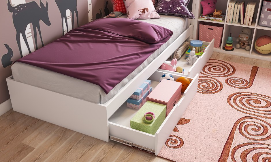 Modern kids bedroom with a storage bed with drawers