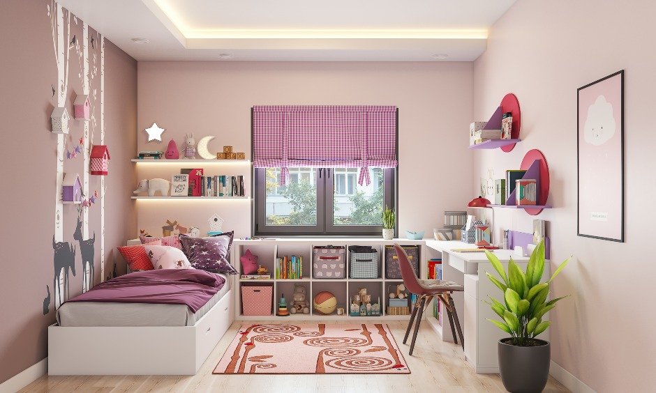 Kids bedroom interior design in modern style with storage solutions