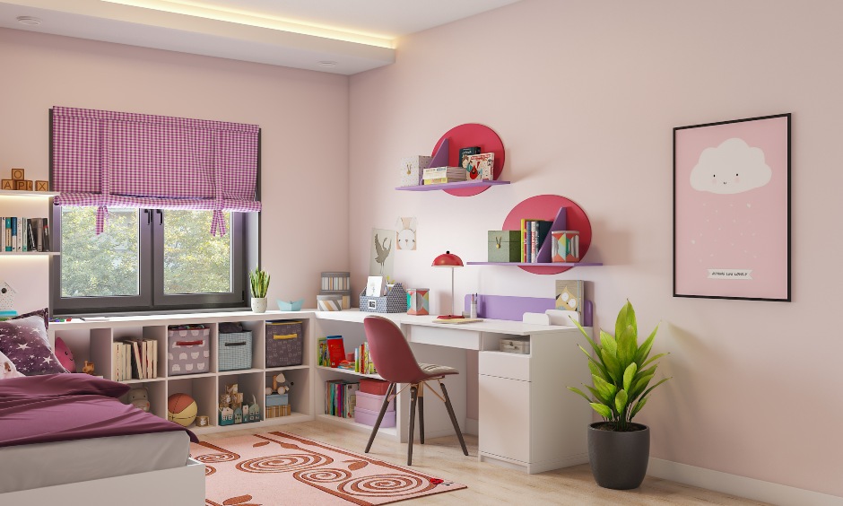 Modern kids bedroom interior with an extended study unit