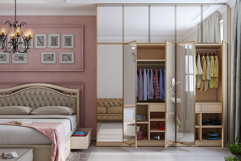 Modern wardrobe designs for bedroom indian with whole glass shutters of mirror and a pink theme room