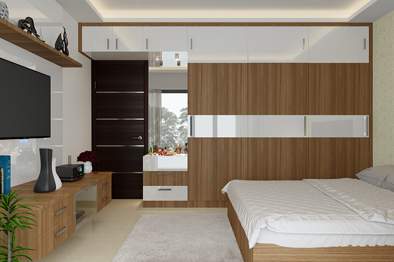 Modern wardrobe designs for a master bedroom with the same matching wooden colour for tv unit and bed