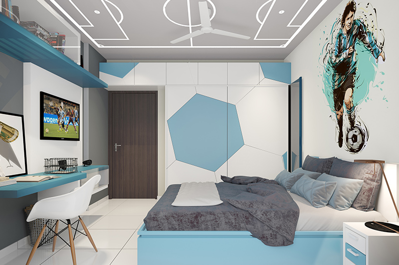 Modern wardrobe designs for small bedroom with a football theme and a ball printed on the wardrobe in modern wardrobes for small bedroom