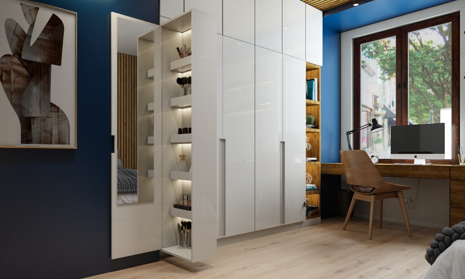 Latest wardrobe design features a modern white wardrobe attached with a pull-out dresser