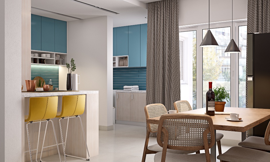 Modular kitchen cum dining area with mid-century dining table design in 3 bhk home