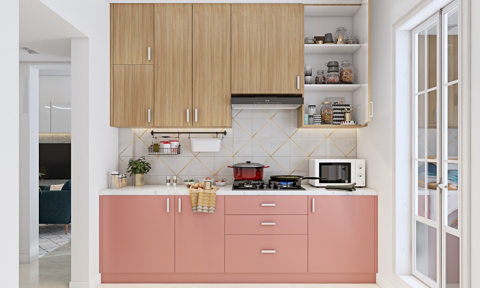 Modular kitchen design in 2bhk home with pink laminate for 2bhk home design