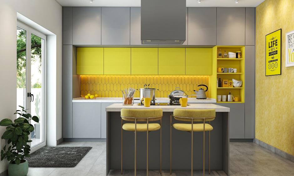 Modular kitchen design in island shaped with yellow and grey cabinets