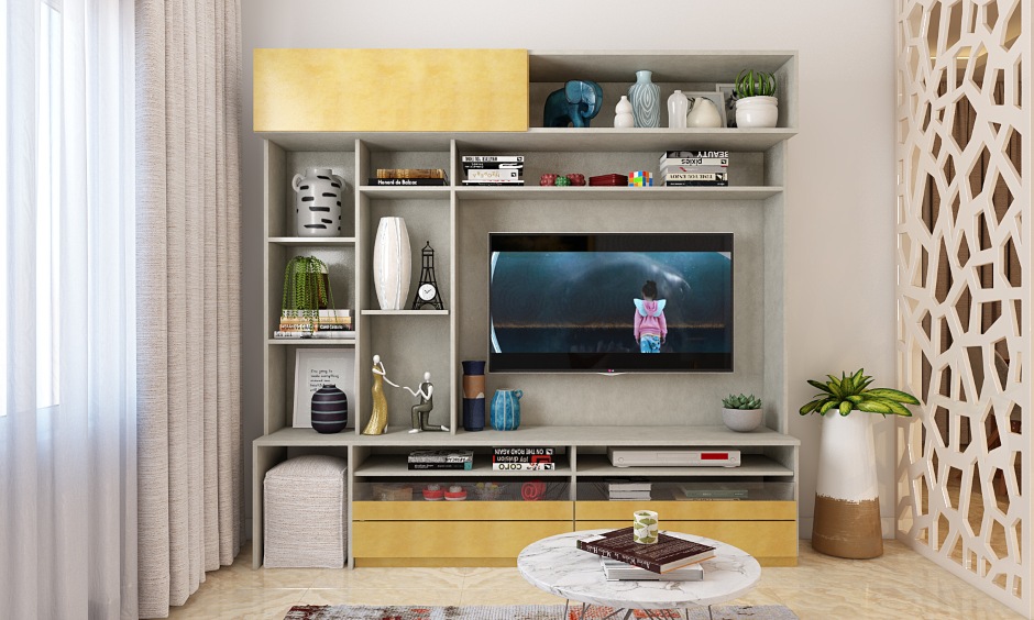 Modern living room with multifunctional compact tv unit with storage shelves and cabinets
