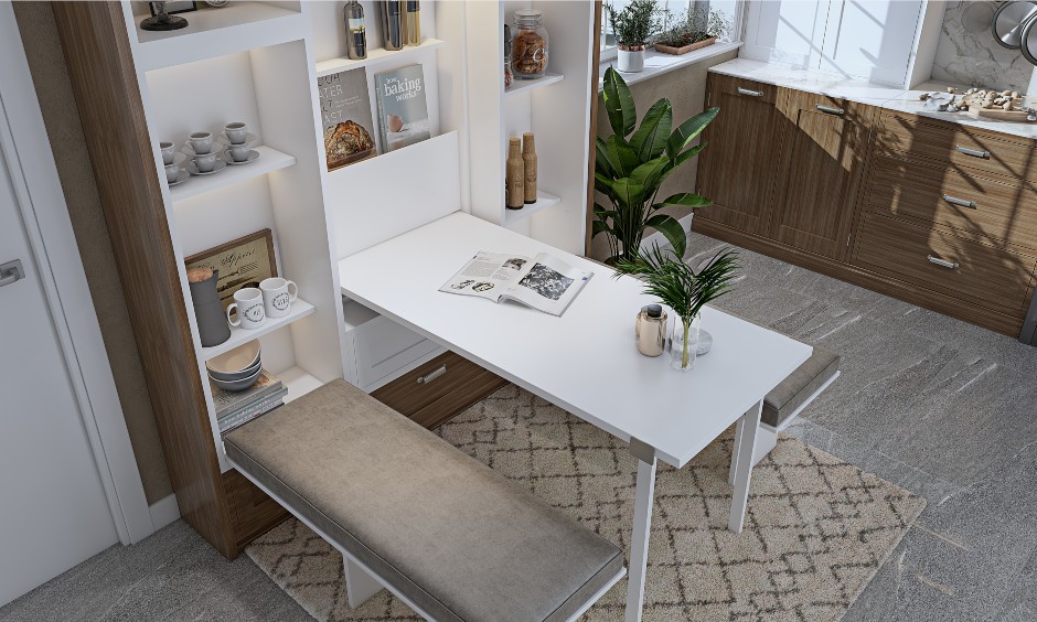 Multifunctional furniture with a crockery unit that has a foldable dining table and bench seating