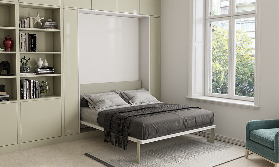 Murphy bed with ample storage space for small indian homes