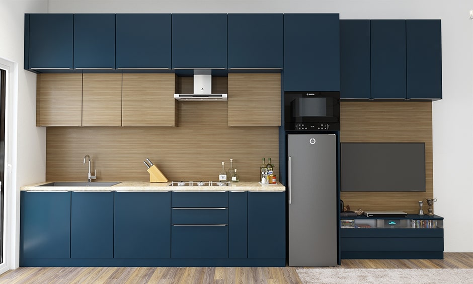 Kitchen cupboard colour combination with navy blue and browns
