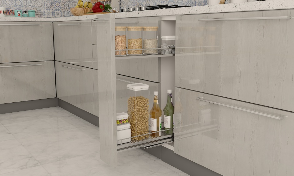 Oil pull out in l shaped modular kitchen interiors for innovative storage solutions in small kitchens