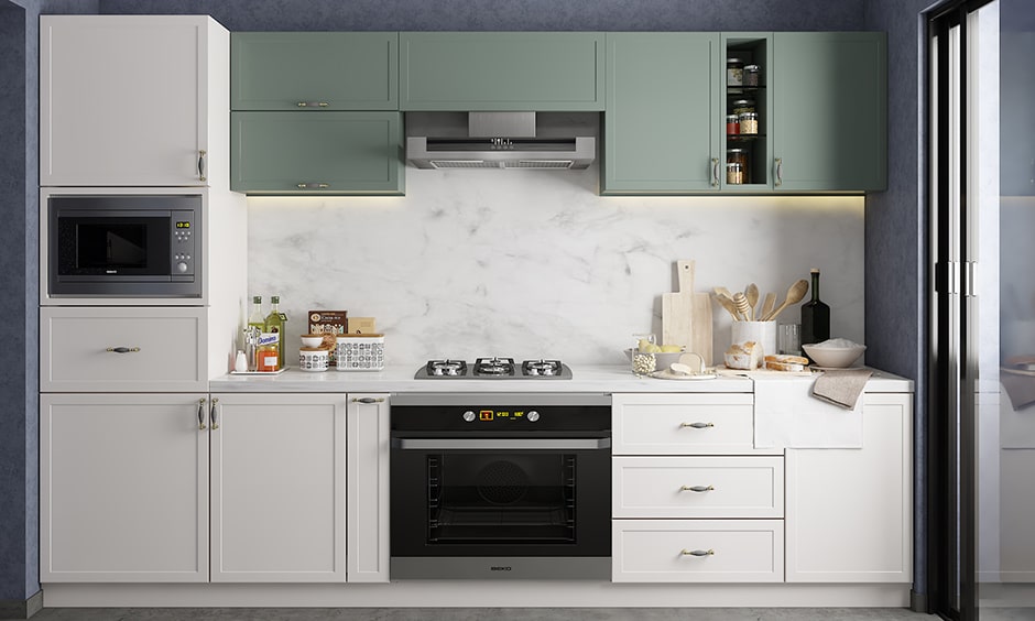 Kitchen colour combination with olive, white and muted navy makes bright, lively, and classic