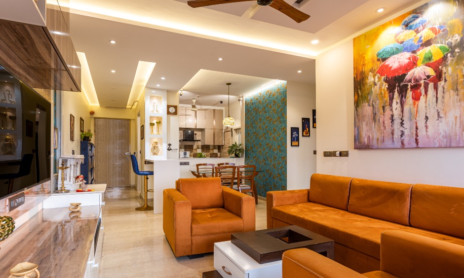 Interior designers in Mumbai designed an open-concept living space for the 2 bhk apartment