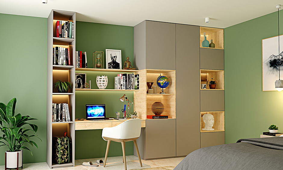 Pale green and grey study room colour that brings in the feel of nature and is known to evoke soothing.