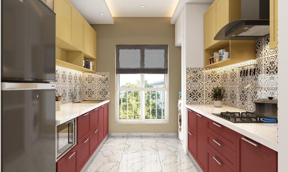 Parallel kitchen designed in bright red and yellow colour combination