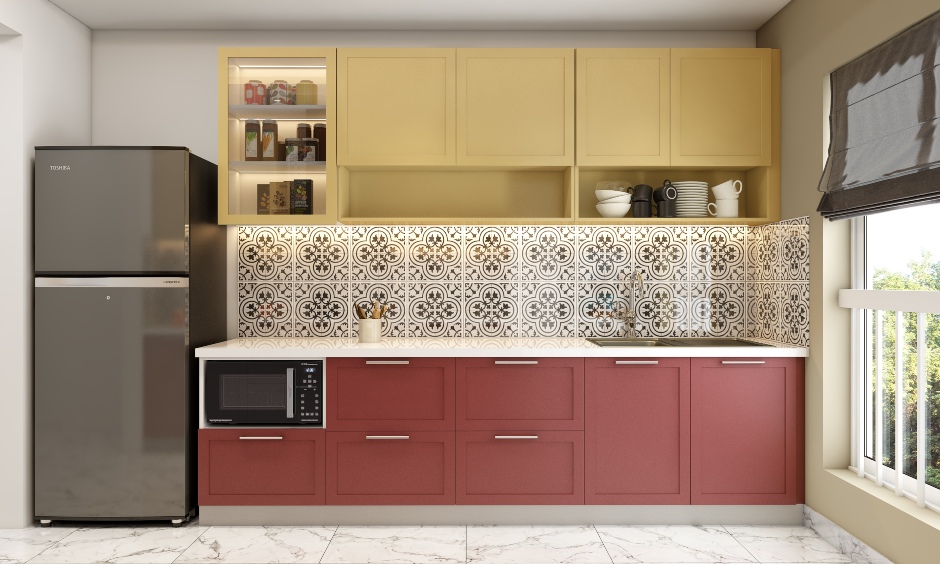 Parallel modular kitchen with open and closed cabinets in red and yellow colour