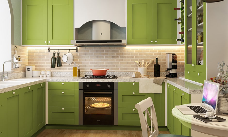 Kitchen colour combination with parrot green, whites and browns