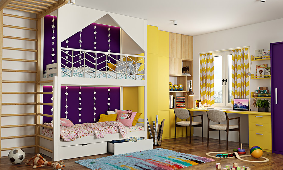 Bright purple and yellow create a vibrant and chirpy kids room colour combination.