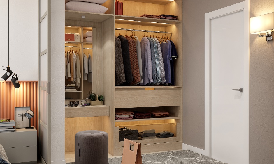 Push-to-open drawers, ledges and wall cabinet in a 3bhk flat interior design