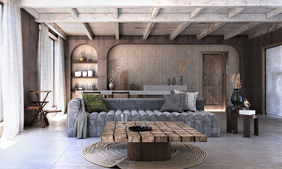 Scandinavian interior design in rustic style with brown textured walls and wooden center table