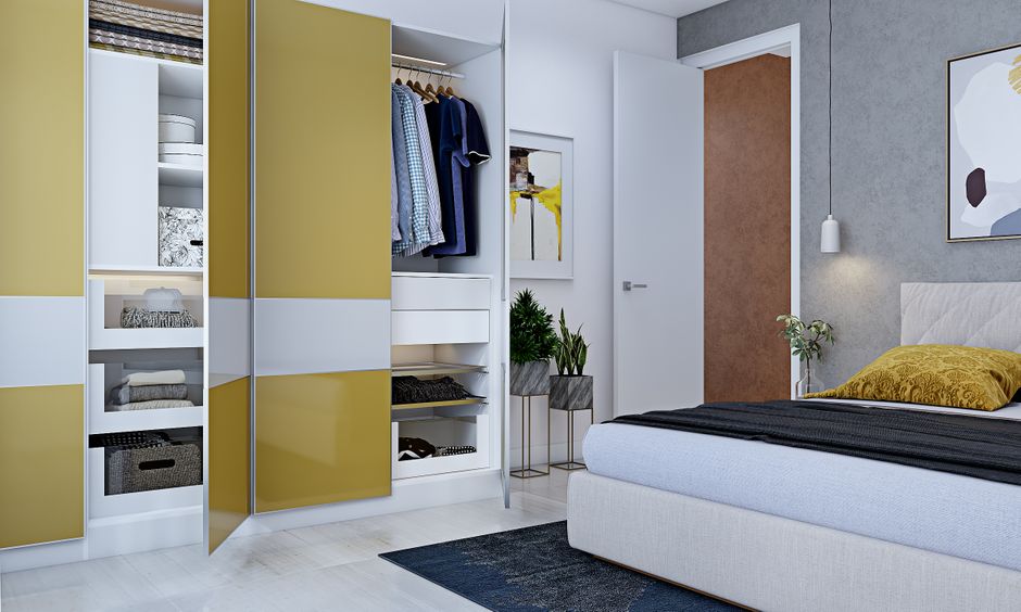 Scandinavian style 3 bhk flat interior design with wardrobe
