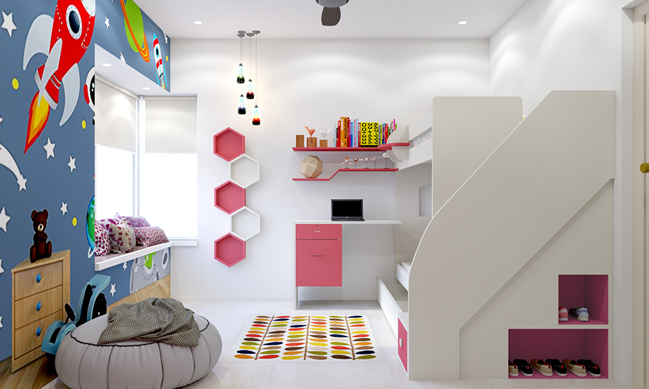 An inbuilt shelf at the side of a bunk bed is perfect for storing shoes is kids room storage ideas.