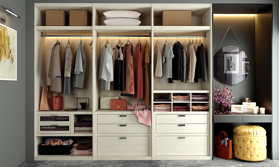 Walk-in wardrobe for small rooms with a shutterless design is ideal for people who are always in a hurry to get ready.
