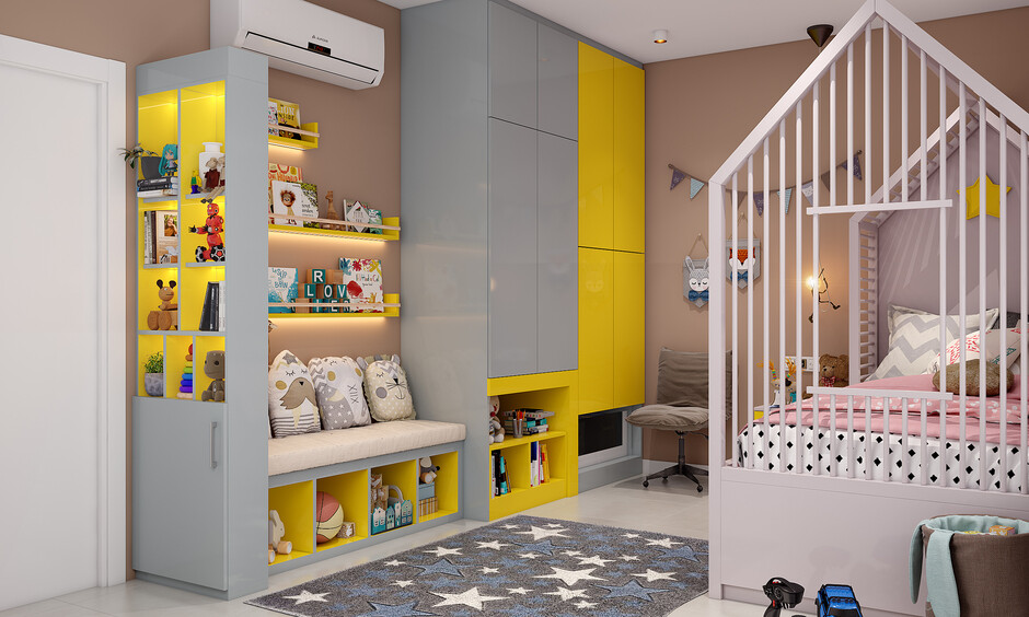Space saving kids room with a comfortable bench with open storage