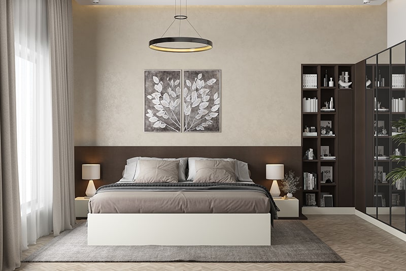 Simple bedroom colour combination with shades of brown contrast with the right interiors
