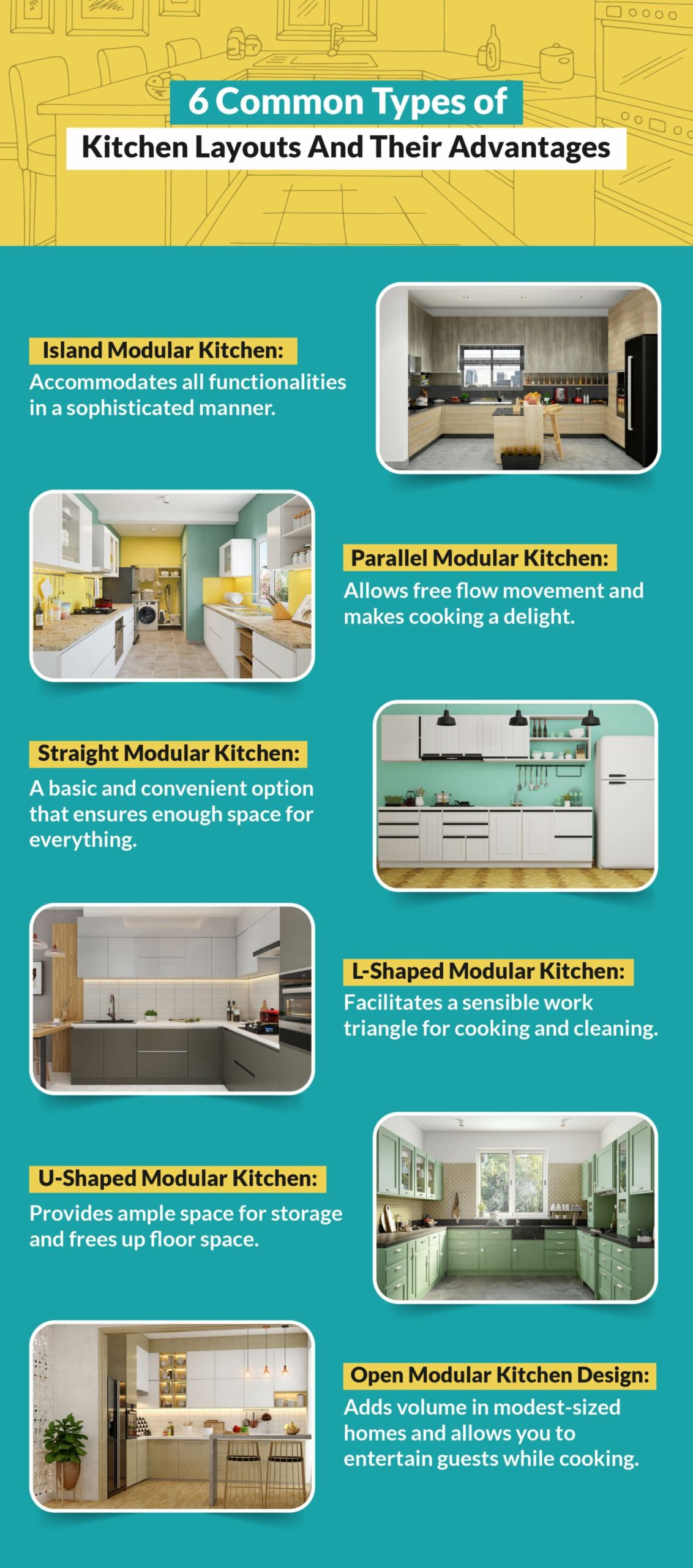 Different types of kitchen layouts - straight, l-shape, u-shape, parallel, open, island and galley kitchen