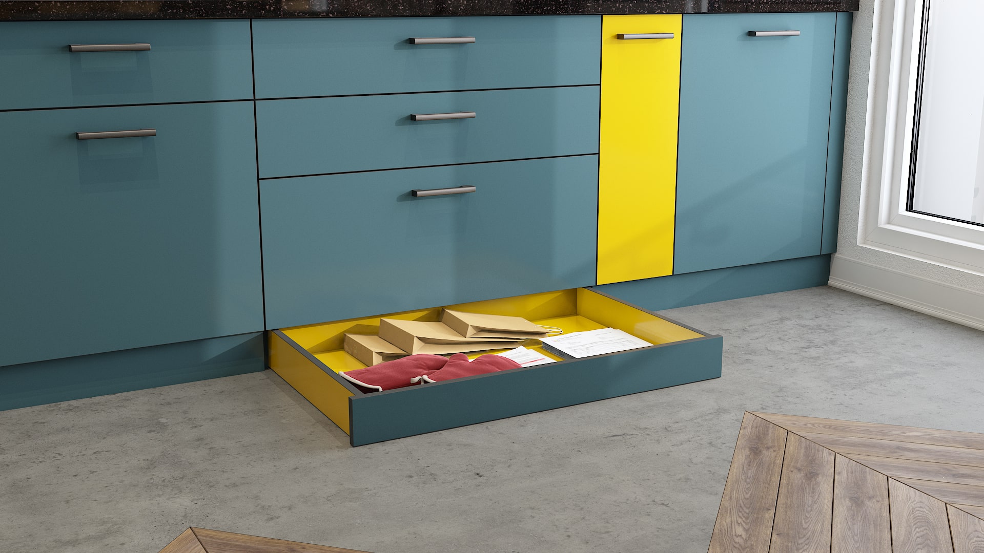 Maximize storage space in your modular kitchen with skirting drawers for small spaces