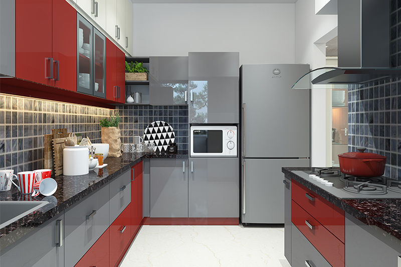 Modular kitchen cabinet in red and grey colour