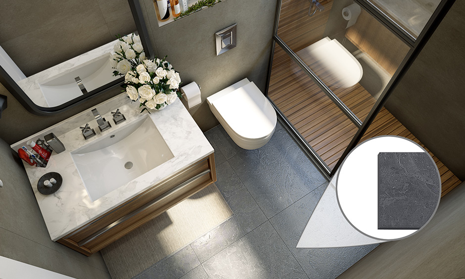 Slate bathroom tile finishes commonly used for roof tiling & bathroom flooring is highly durable.