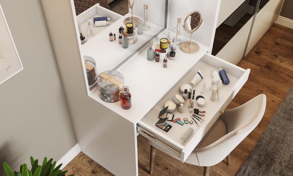 Sliding wardrobe design with attached dressing table has hidden storage