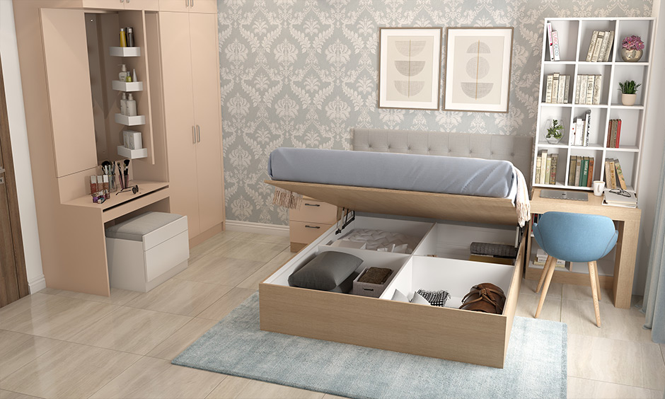 Small bedroom storage with hydraulic storage bed that offers smart storage solutions