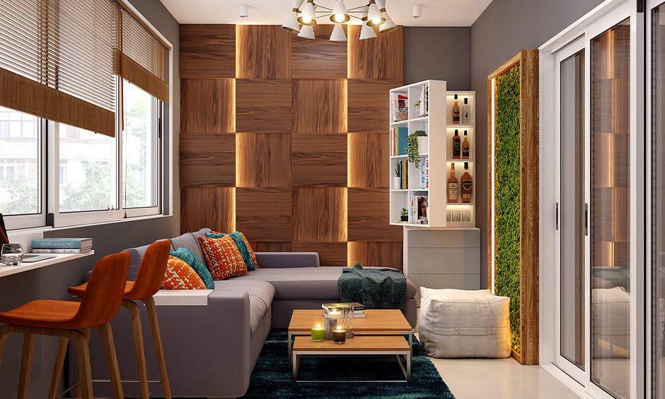Small living room interior with a tall bookshelf